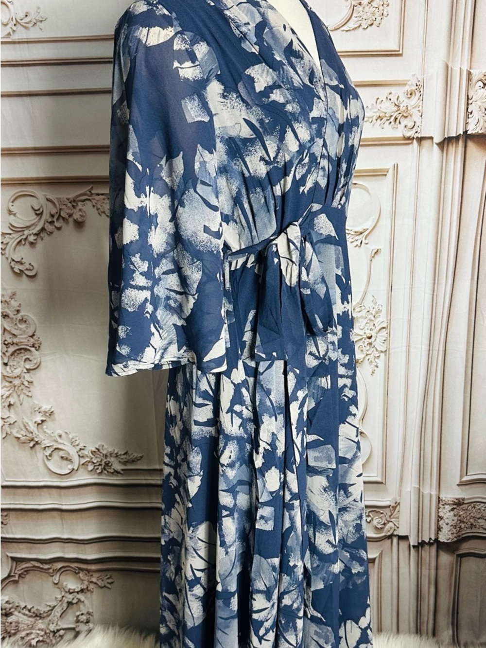 Navy & White Floral Wrap Midi Dress - Women - Picture 5 of 8